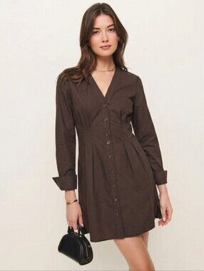 Tibi Dominic Pleated Cotton Twill Mini Dress Size 4 Brown Classic Quiet Luxury